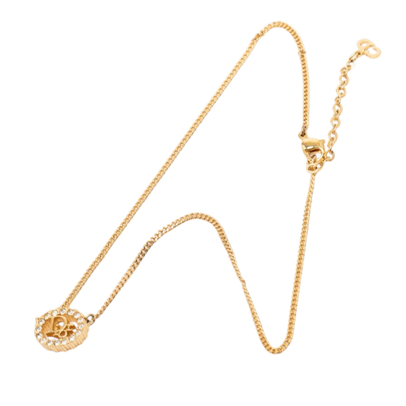 Pre-Loved Dior Gold Plated Rhinestone Logo Pendant Necklace